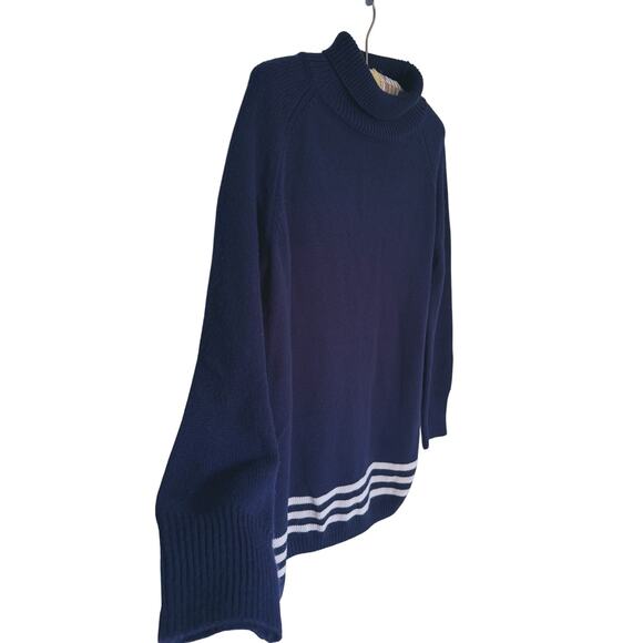 Rokoko Navy Blue Turtleneck Oversized Sweater White Stripe Hem Small Academia - Picture 4 of 6